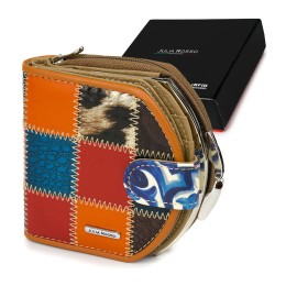 Kolorowy Patchwork Portfel Skórzany, Mały Portfelik Damski Z Biglem Julia Rosso M99
