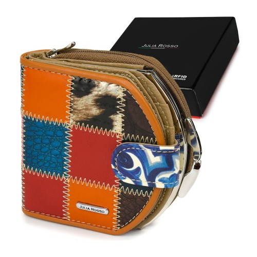 Kolorowy Patchwork Portfel Skórzany, Mały Portfelik Damski Z Biglem Julia Rosso M99 - HH-7593