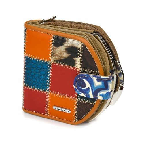 Kolorowy Patchwork Portfel Skórzany, Mały Portfelik Damski Z Biglem Julia Rosso M99 - HH-7593