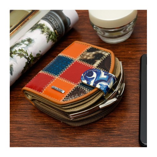 Kolorowy Patchwork Portfel Skórzany, Mały Portfelik Damski Z Biglem Julia Rosso M99 - HH-7593